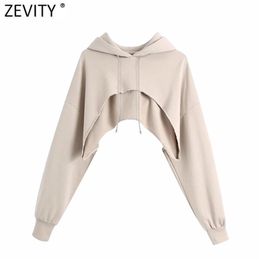 Zevity Women Fashion Hem Irregular Sleeve Hooded Sweatshirt Female Chic Design High Street Pullovers Short Hoodies Tops H521 210809
