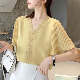 Pullover Shirt Short-Sleeved Women's Blouse Summer Chiffon Shorts Sleeve Lace Solid V-neck 211E 210420