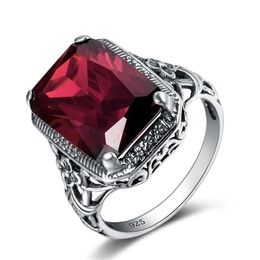 Cluster Rings 925 Silver Colour Red Diamond Ruby Ring For Women Bizuteria Topaz Gemstone Retro Engagement Simulated Jewellery