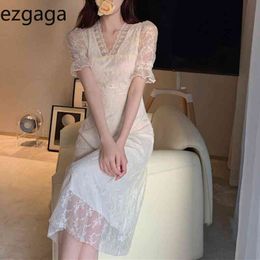 Ezgaga French Style Beaded Bow Lace Patchwork Elegant Dress Women Short Sleeve Summer Fashion Party Dress Vestidos Feminino 210430