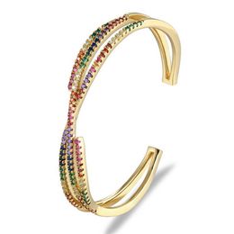 Top Quality Double Layer Cross Hollow Open Cuff Bangles Copper Zircon Gold Filled Rainbow Luxury Adjustable Bangles Jewellery Gift Q0717