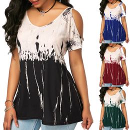 Spring Women Fashion Casual Tops V-Neck Strapless Shoulder Short Sleeve Printing Loose T-shirt Female Plus Size 5XL 210517