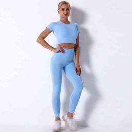 Summer Sport Suit Short Sleeve Gym Crop Top Stretch Fitness T-shirts Women + Seamless Leggings High Waist Yoga Pants Deportiva 210514
