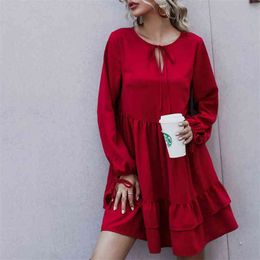 Foridol loose red casual dress women autumn winter ruffle short dress lace up front O neck elegant ladies long sleeve dress 210415