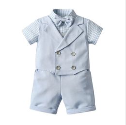 Two-Piece Set For Baby Boys Gentleman Style Clothing Sets Summer Boy Short Sleeve Plaid Shirt With Bowtie+Shorts Kids Suits Children Outfits