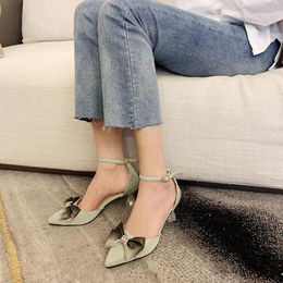 Dress Shoes Sequin High Heels Women Bow Buckle Pumps Summer Clear Pointed Toe Sandals Sexy Party Transparent Thin Heel