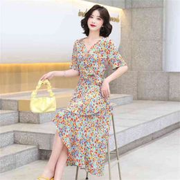 French style summer V Neck Floral Dress Short sleeve irregular Fishtail Female women dresses 210507