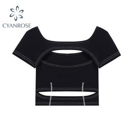 Sexy Women Summer Solid T-Shirts Stylish Hollow Out Design O-Neck Short Sleeve Slim Streetwear E-girl Crop Tops 210515