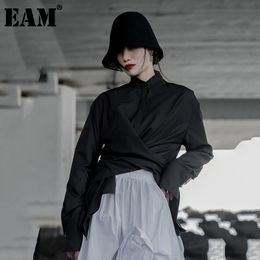 [EAM] Women Black Asymmetrical Big Size Blouse Lapel Long Sleeve Loose Fit Shirt Fashion Spring Autumn 1DD6200 21512