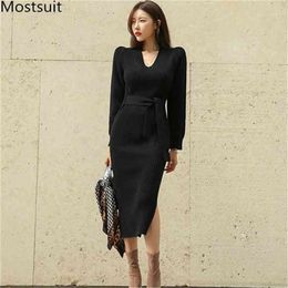 Spring Knitted V-neck Sweater Dress Women Long Sleeve Lace-up Sashes Splitting Dresses Korean Fashion Office Vestidos 210513