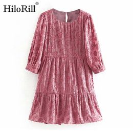 Women Sweet Cotton Embroidery Pink Dresses Flowers A Line Pleated Mini O Neck Short Sleeve Chic Party 210508