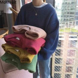 Korean Fashion Women Sweaters Tops Autumn Winter Long Sleeve O-neck Solid Basic Pullovers Loose Ladies Jumpers 210513