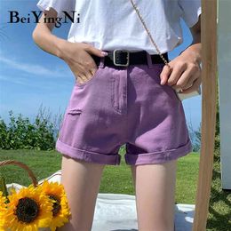 Denim Shorts Women Hole Purple Loose Plus Size Summer Chic Preppy High Waist Short Jeans Fashion Casual Clothes 210506