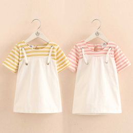 Summer Little Kids Patchwork Short Sleeve Striped Fake Two Pcs Suspenders Dresses For Girls of 2 4 6 8 10 12T Years Old 210529