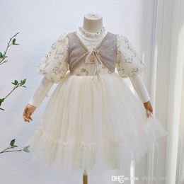 Girls 2021 autumn winter holiday dresses lovely kids lace sequin long sleeve birthday dress False 2pcs children party clothing S1683