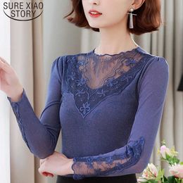 Blusas Mujer De Moda Spring Autumn Long Sleeve Semi-high Collar Lace Base Shirt Womens Tops and Blouses 6600 50 210527