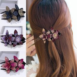 Rhinestone Double Flower Hair Clip Crystal Hair Claws Female Elegant Beads Hairgrip Hairpins Fashion Hair Accessories