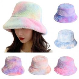 2021 Tie-Dyeing Winter Bucket Hat Leopard Cow Print Plush Warm Women Panama Cap Fashion Furry Outdoor Girl Fisherman's Sun Hats