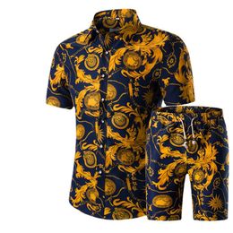 Summer Men Shirts+Shorts Set Casual Printed Hawaiian Fashion Shirt Homme Short Male Printing Dress Suit Sets Plus Size