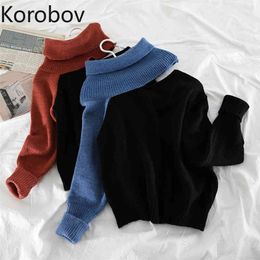 Korobov Autumn Winter New Chic Women Sweaters Korean Turtleneck Sexy Off Shoulder Sueter Mujer Vintage Hit Color Pullovers 210430