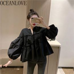 V Neck Puff Sleeve Blouses Women Solid Korean Pleated Chic Loose Shirts Spring Ins Elegant Blusas Tops 14992 210415