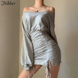 Nibber Casual College Style Stacked Mini Dress Female Simple O Neck Drawstring Streetwear Fall Korean Activity Clothing Woman Y0726