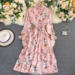 Chic Sweet Flower Dress Women Stand Collar Long Sleeve Elastic Waist A-line Dress Autumn Fashion Print Holiday Dress 210419