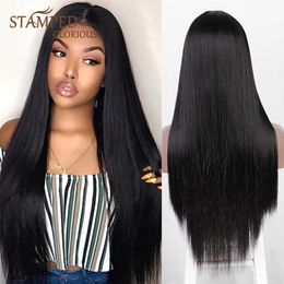 Stamped Glorious Long Straight Synthetic T-Part Lace Wigs for Women Middle Part Black Lace Wig Heat Resistant Cosplay Wig S0826