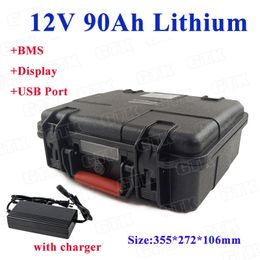 12v 90Ah lithium li ion battery pack with USB port equipment for camping light mountain bike light emergency light+10A Charger