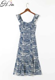 Hsa European and American Summer Wind Women's Floral Print Slit Slim Strap Dress 282 210716