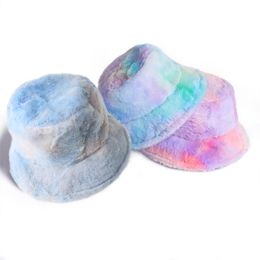 Women Winter Rainbow Tie Dye Bucket Hat Fluffy Plush Thick Warm Fisherman Cap B95F Wide Brim Hats