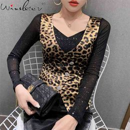 Spring Fall Korean Clothes T-Shirt Girl Chic Sexy Shiny Irregular Button Patchwork Mesh Fake Two Pieces Women Tops Tees T11408A 210421
