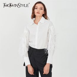 White Short Patchwork Feather Shirt For Women Lapel Long Sleeve Casual Shirts Female Fashionable Clothing 210524