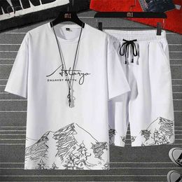 Men Sets White Fashion Hip Hop Tracksuits Male T Shirts Shorts Two Pieces Sports Tee Shirts Shorts Men's Track suit Oversize 4XL 210722