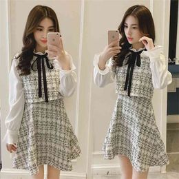 Spring Autumn Women's Dress Korean Style Splicing Fake Two-piece Casual Thin Long Sleeve Short Female es LL782 210506
