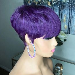 Short Bob Pixie Cut Human Hair Wig Full Machine Made Purple Color None Lace Front Wigs With Bangs For Women Cosplay Party