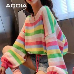 Winter Vintage Style Rainbow Stripes Knit Women's Sweaters Long Sleeve Loose Women Sweater Autumn Warm Female Pullover 210521