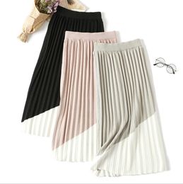 Qooth Pleated Knit Skirts Women Sweater Skirts High Waist Patchwork Midi Skirt Lady Maxi Vintage Skirt QT195 210518