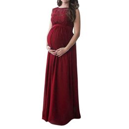 Women Pregnant Dress Lace Long Maxi Dress Maternity Gown Photography Props Clothes Casual Sleeveless Party Wedding Dress Loose Q0713