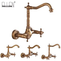 Wall Mounted Kitchen Sink Faucet Antique Bronze Crane Hot Cold Water Mixer Tap Luxury Vintage Balcony ELK44