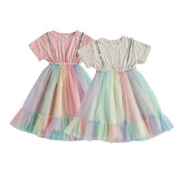 FOCUSNORM 5-11Y Summer Kids Girls Casual Dress Knit Lace Patchwork Rainbow Print Knee Length Tutu Dress Q0716