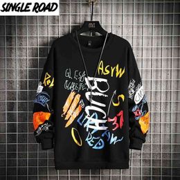 Single Road Mens Crewneck Sweatshirt Men Harajuku Oversized Sweatshirts Japanese Streetwear Hip Hop Black Hoodie Men Hoodies 210818