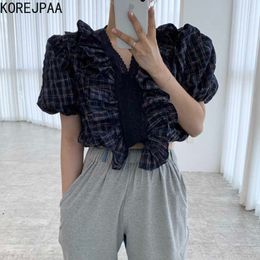 Korejpaa Women Shirt Summer Korean Chic French Style Thin V-Neck Lace Stitching Plaid Ruffled Puff Sleeve Blouses 210526