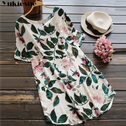 Summer Dress Women Adjustable Sleeve Flower Printed Long Top Loose Cotton Vestidos Boho Beach Mini Plus Size 210608