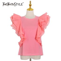 Elegant Patchwork Ruffle Tops For Women O Neck Short Sleeve Slim Casual T Shirt Female Fashion Clothing 210524