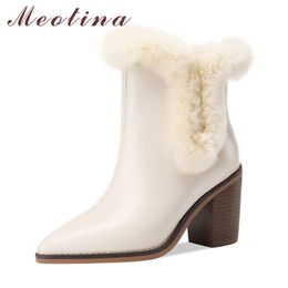 Meotina Ankle Boots Women Shoes Real Leather High Heel Lady Boots Pointed Toe Chunky Heels Warm Short Boots Winter Beige Black 210520