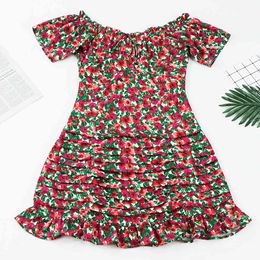 Women za robe vintage flower print pleated ruffles mini Dress female sexy off shoulder zipper Vestidos Chic slim Dresses 210510