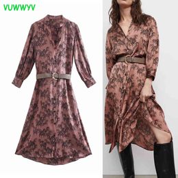 VUWWYV Print Satin Midi Dresses for Women Contrast Belt Party Dress Woman Long Sleeve Vintage Front Buttons Vestidos 210430