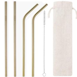 6pcs Set Stainless Steel Straws with Cleaning Brush and Pouch Reusable Straight Bent Metal Drinking Straw for Home Party Bar
