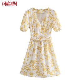 Tangada Summer Women Yellow Print Short Dress V Neck Short Sleeve Ladies Mini Dress Vestidos 3R16 210609